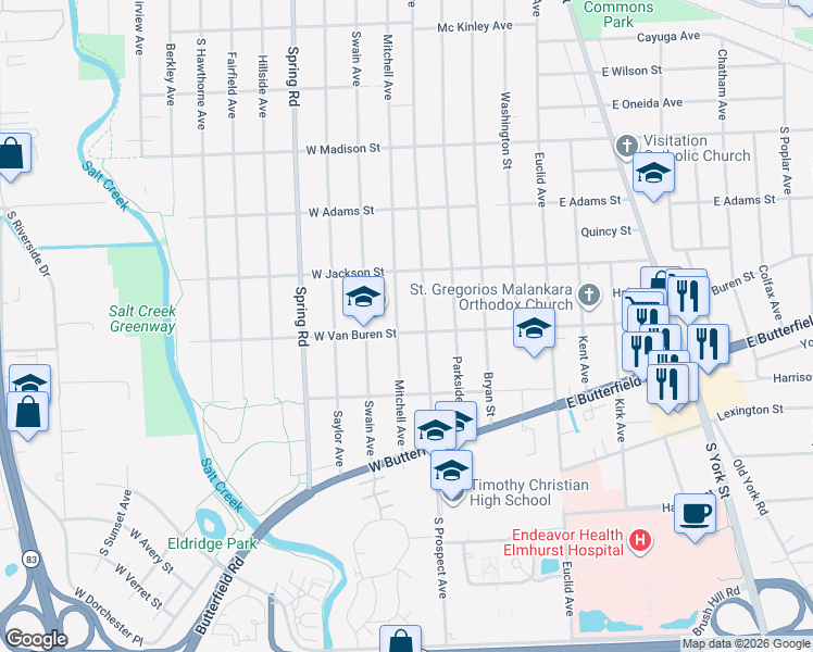 map of restaurants, bars, coffee shops, grocery stores, and more near 913 Mitchell Avenue in Elmhurst