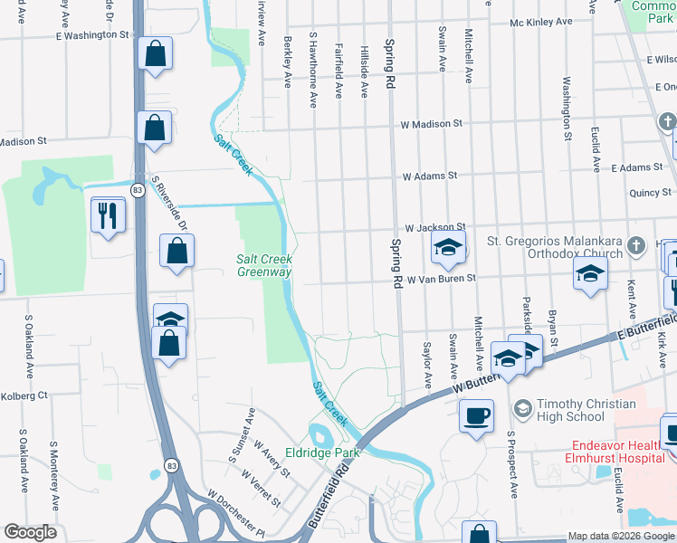 map of restaurants, bars, coffee shops, grocery stores, and more near 919 South Hawthorne Avenue in Elmhurst