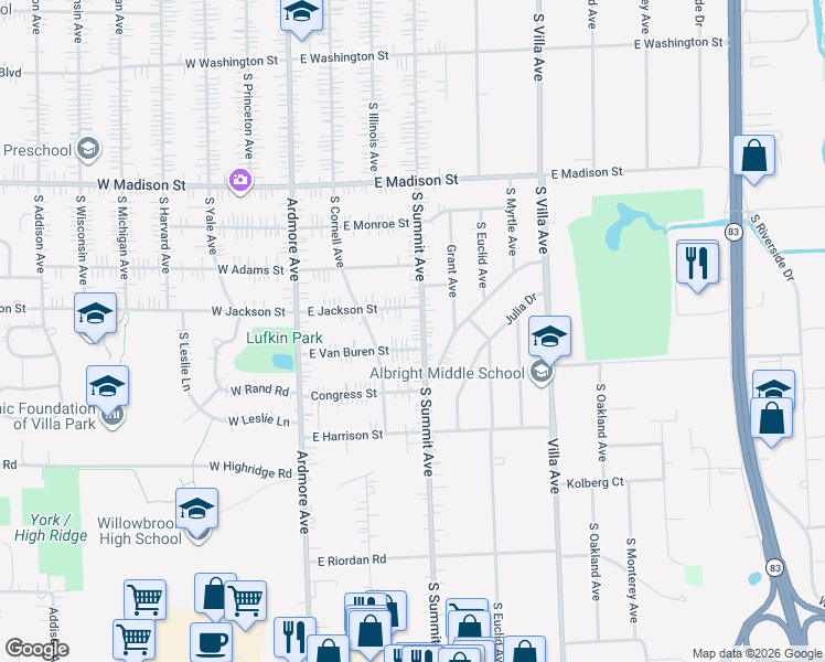 map of restaurants, bars, coffee shops, grocery stores, and more near 1011 South Summit Avenue in Villa Park