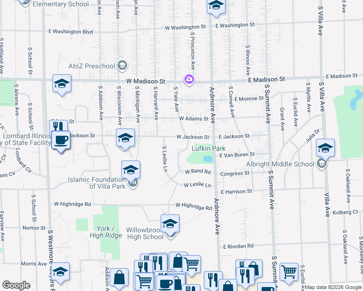 map of restaurants, bars, coffee shops, grocery stores, and more near 101 West Jackson Street in Villa Park