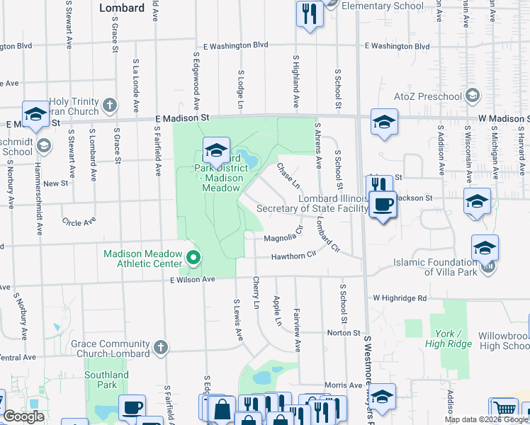 map of restaurants, bars, coffee shops, grocery stores, and more near 628 Lilac Way in Lombard