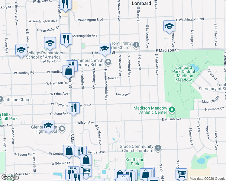 map of restaurants, bars, coffee shops, grocery stores, and more near 243 East Harrison Road in Lombard