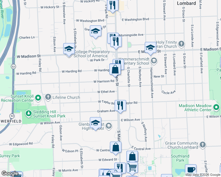 map of restaurants, bars, coffee shops, grocery stores, and more near 752 South Main Street in Lombard