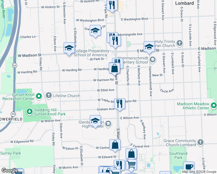 map of restaurants, bars, coffee shops, grocery stores, and more near 752 South Main Street in Lombard