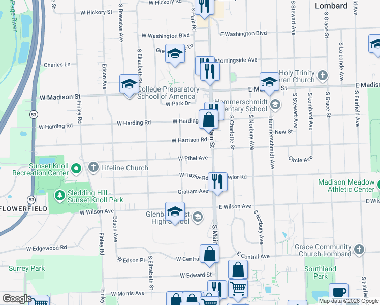 map of restaurants, bars, coffee shops, grocery stores, and more near 39 West Harrison Road in Lombard