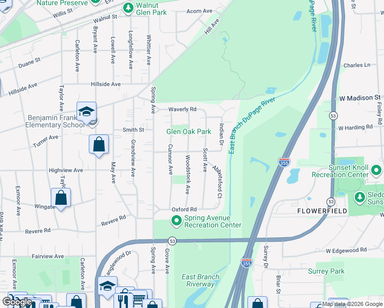 map of restaurants, bars, coffee shops, grocery stores, and more near 950 Roslyn Road in Glen Ellyn