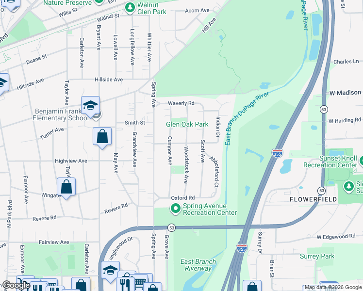 map of restaurants, bars, coffee shops, grocery stores, and more near 950 Roslyn Road in Glen Ellyn