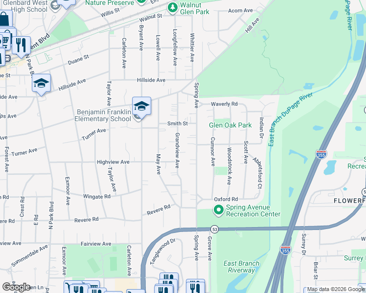 map of restaurants, bars, coffee shops, grocery stores, and more near 312 Spring Avenue in Glen Ellyn