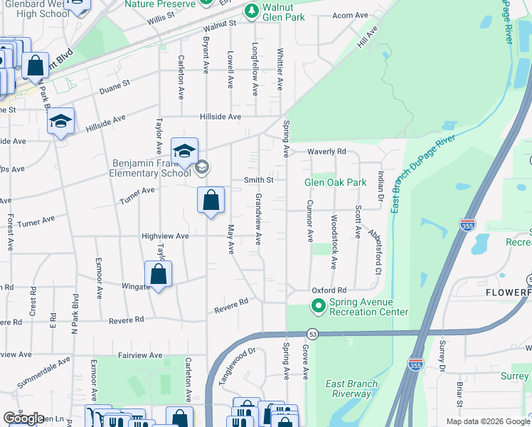 map of restaurants, bars, coffee shops, grocery stores, and more near 314 Grandview Avenue in Glen Ellyn