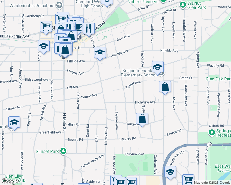 map of restaurants, bars, coffee shops, grocery stores, and more near 671 Turner Avenue in Glen Ellyn
