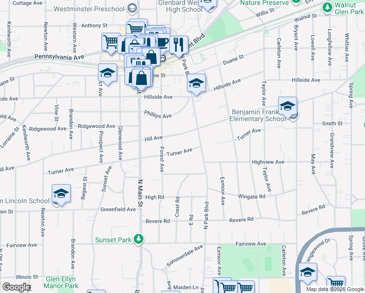 map of restaurants, bars, coffee shops, grocery stores, and more near 583 Hill Avenue in Glen Ellyn