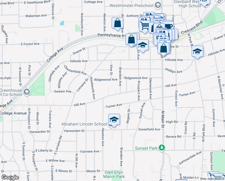 map of restaurants, bars, coffee shops, grocery stores, and more near 360 Hill Avenue in Glen Ellyn