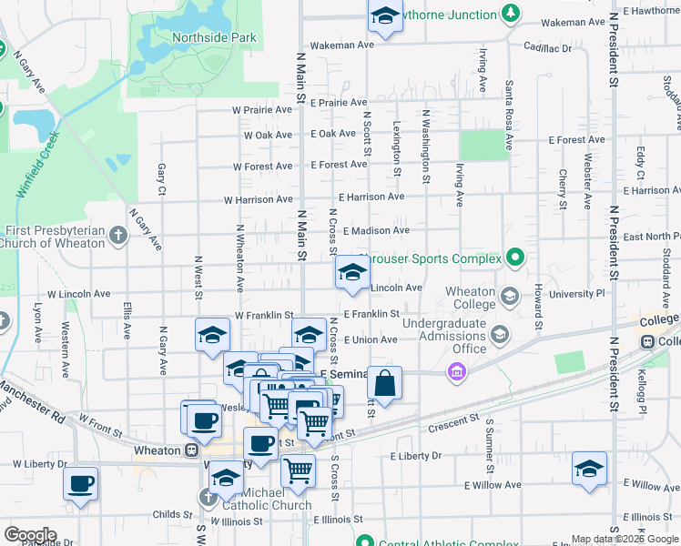 map of restaurants, bars, coffee shops, grocery stores, and more near 618 North Cross Street in Wheaton