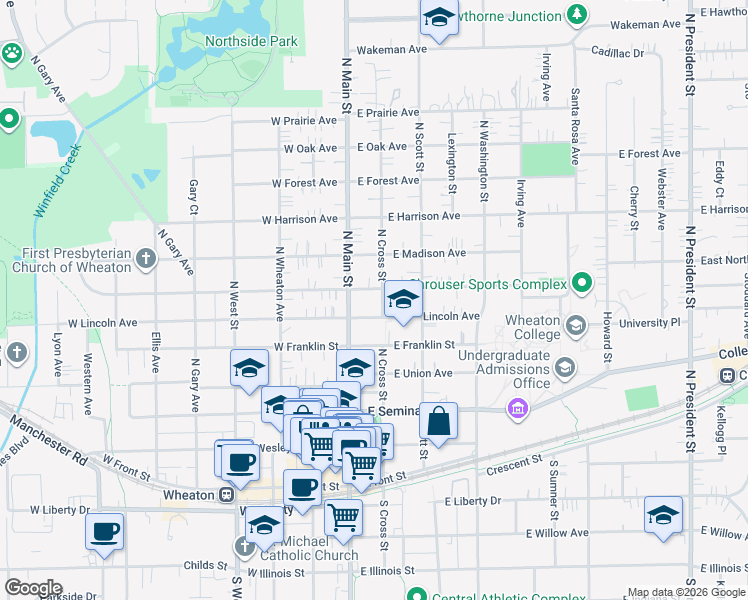 map of restaurants, bars, coffee shops, grocery stores, and more near 618 North Cross Street in Wheaton
