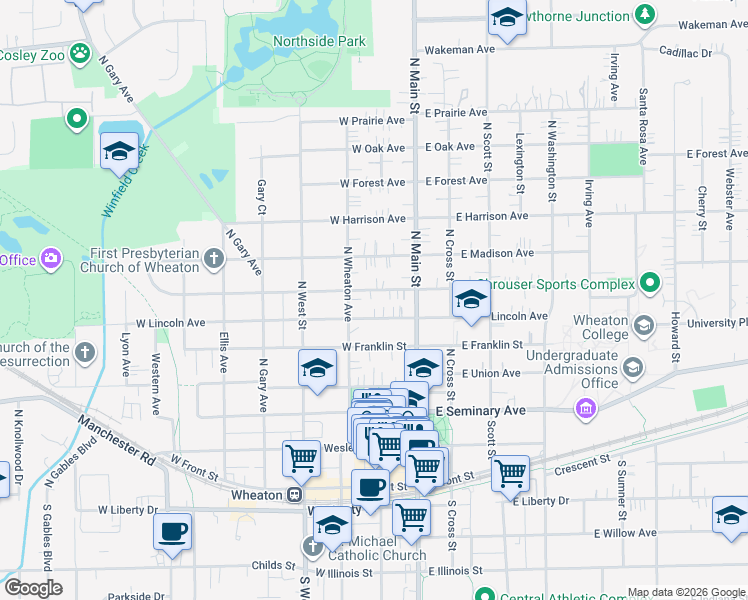 map of restaurants, bars, coffee shops, grocery stores, and more near 210 West Jefferson Avenue in Wheaton