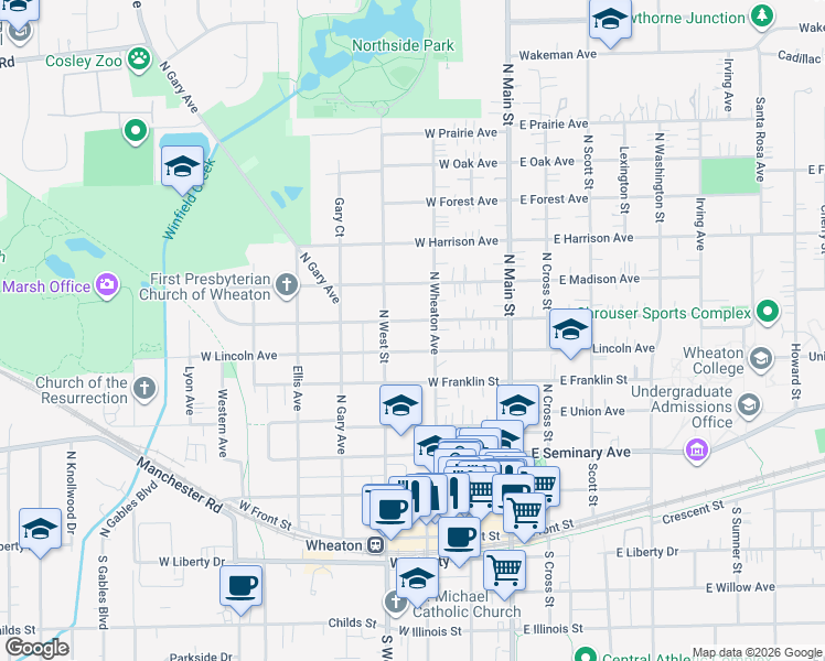 map of restaurants, bars, coffee shops, grocery stores, and more near 618 North Wheaton Avenue in Wheaton