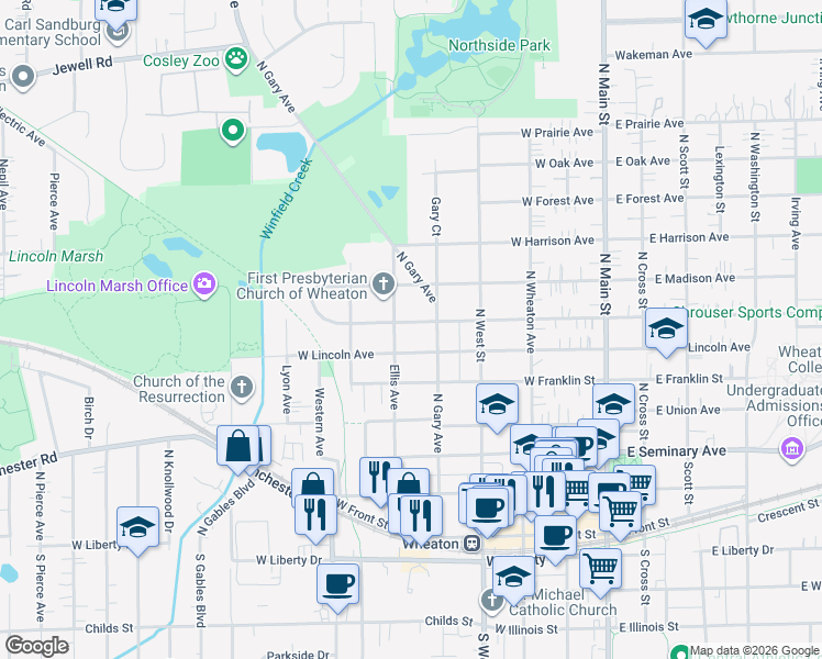map of restaurants, bars, coffee shops, grocery stores, and more near 529 West Jefferson Avenue in Wheaton