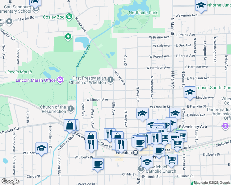 map of restaurants, bars, coffee shops, grocery stores, and more near 529 West Jefferson Avenue in Wheaton