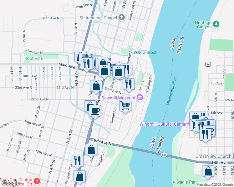map of restaurants, bars, coffee shops, grocery stores, and more near 86 23rd Avenue North in Clinton