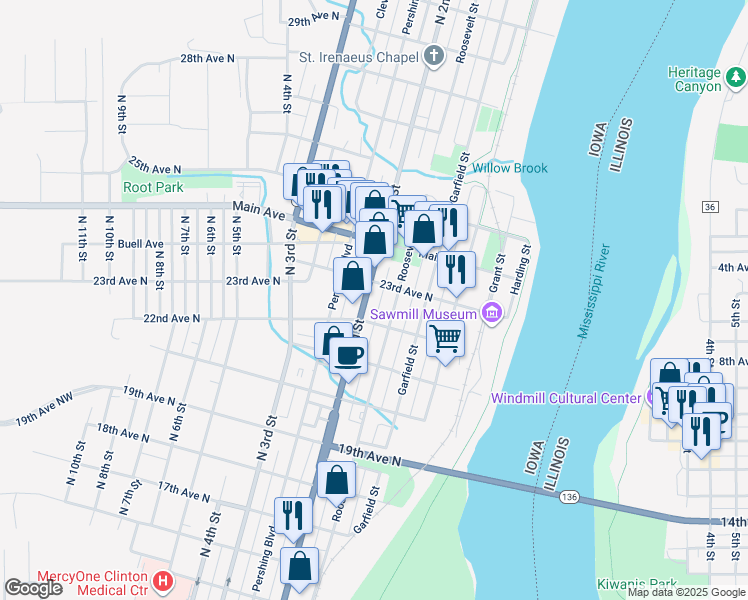 map of restaurants, bars, coffee shops, grocery stores, and more near 2229 North 2nd Street in Clinton