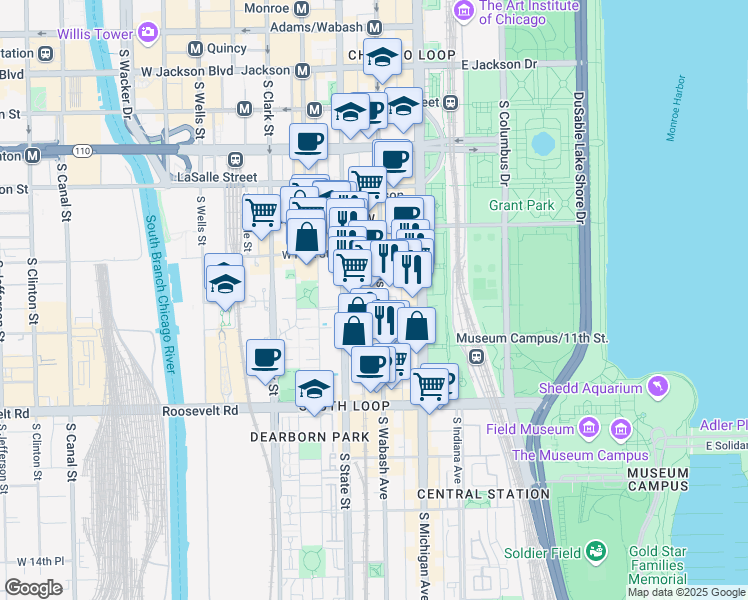 map of restaurants, bars, coffee shops, grocery stores, and more near 850 South Wabash Avenue in Chicago