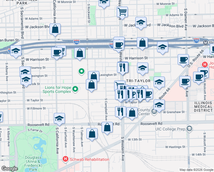 map of restaurants, bars, coffee shops, grocery stores, and more near 809 South Campbell Avenue in Chicago