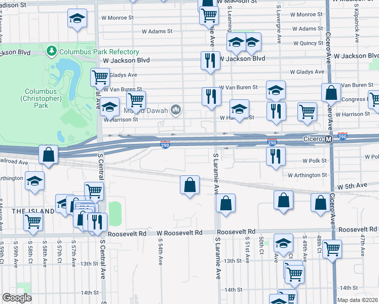 map of restaurants, bars, coffee shops, grocery stores, and more near 5261 West Lexington Street in Chicago