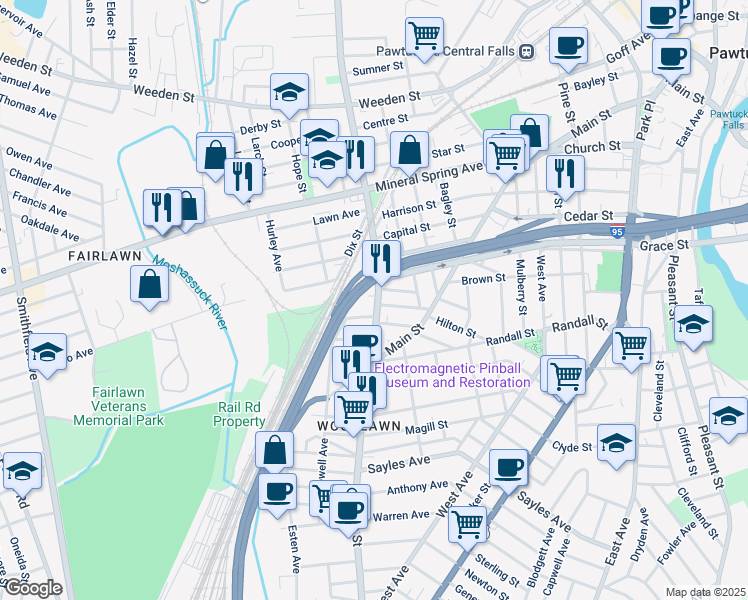map of restaurants, bars, coffee shops, grocery stores, and more near 92 Lonsdale Avenue in Pawtucket