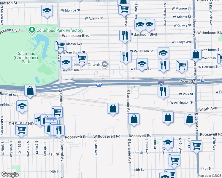 map of restaurants, bars, coffee shops, grocery stores, and more near 5261 West Lexington Street in Chicago