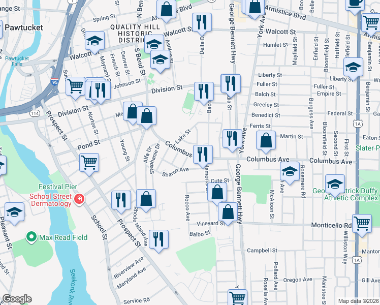 map of restaurants, bars, coffee shops, grocery stores, and more near 96 Columbus Avenue in Pawtucket