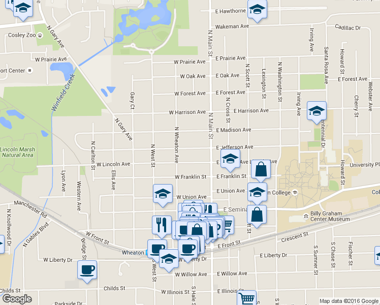 map of restaurants, bars, coffee shops, grocery stores, and more near 210 West Jefferson Avenue in Wheaton