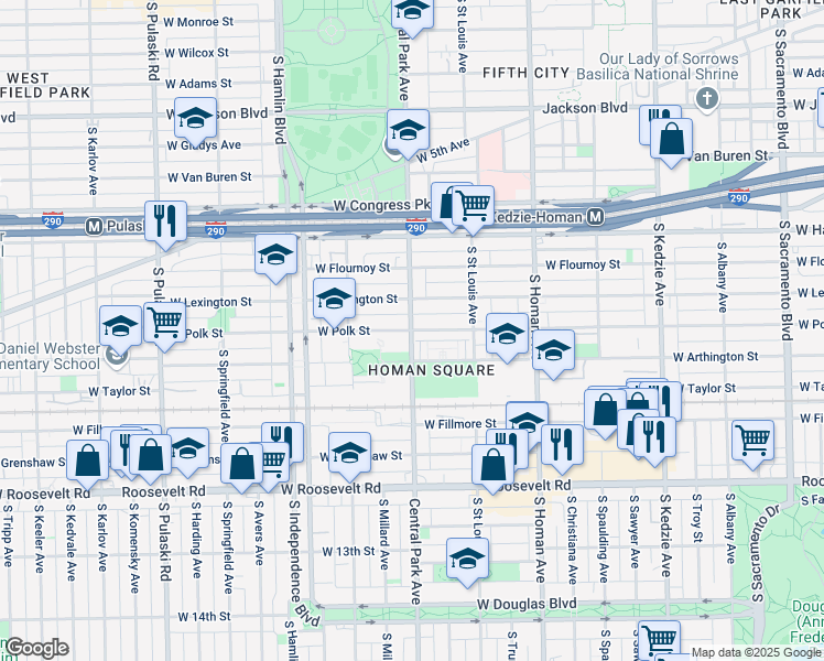 map of restaurants, bars, coffee shops, grocery stores, and more near S Central Park Ave & W Polk St in Chicago