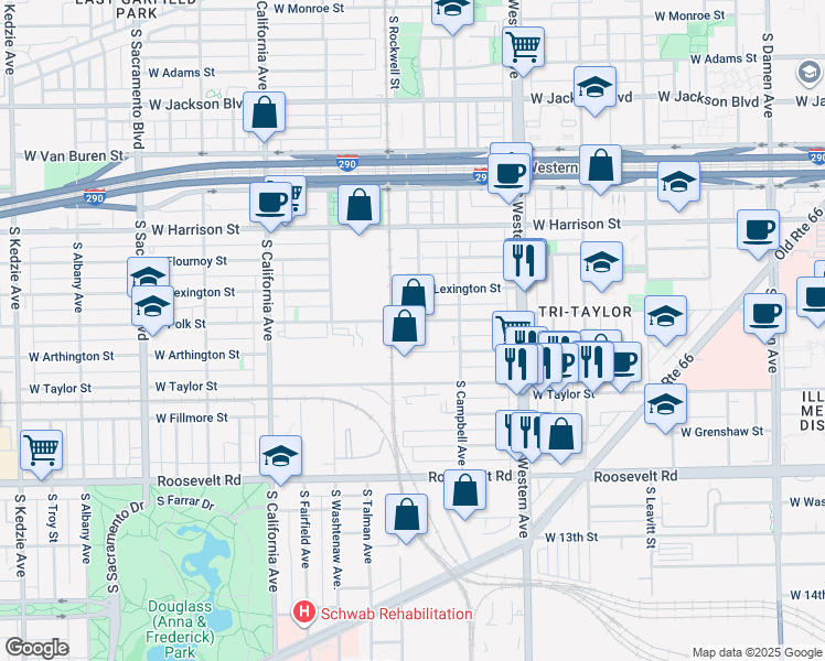 map of restaurants, bars, coffee shops, grocery stores, and more near 2549 West Polk Street in Chicago