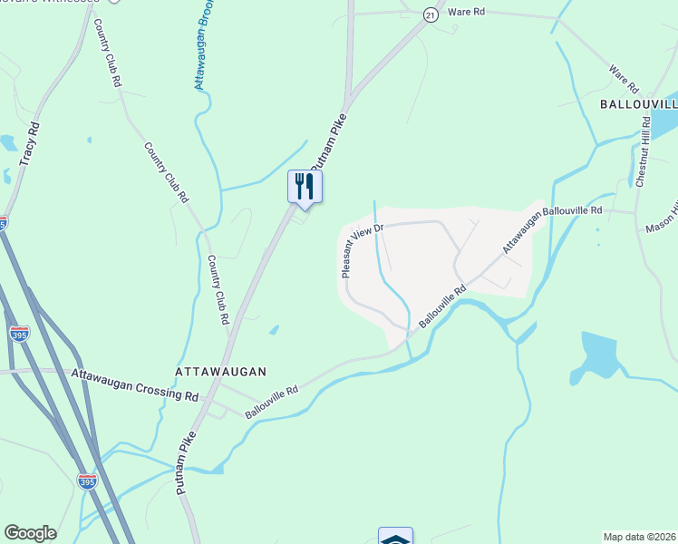 map of restaurants, bars, coffee shops, grocery stores, and more near 104 Pleasant View Drive in Killingly