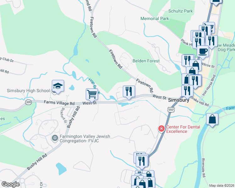 map of restaurants, bars, coffee shops, grocery stores, and more near 7 Maple Court in Simsbury