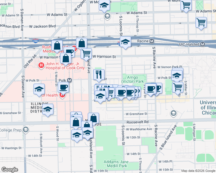map of restaurants, bars, coffee shops, grocery stores, and more near 827 South Laflin Street in Chicago