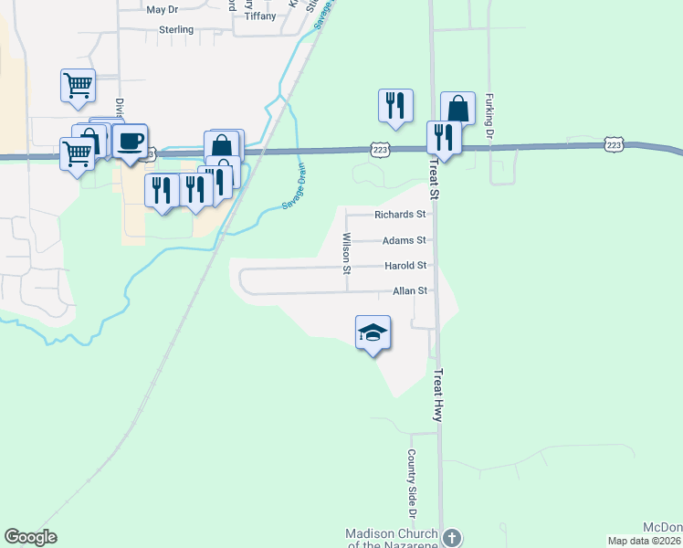 map of restaurants, bars, coffee shops, grocery stores, and more near 2047 Harold Street in Adrian
