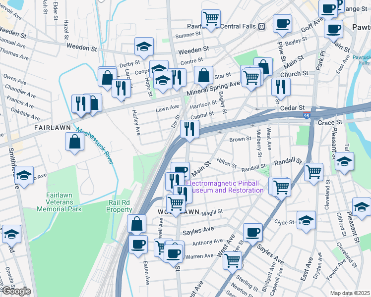 map of restaurants, bars, coffee shops, grocery stores, and more near 4 Lewis Street in Pawtucket