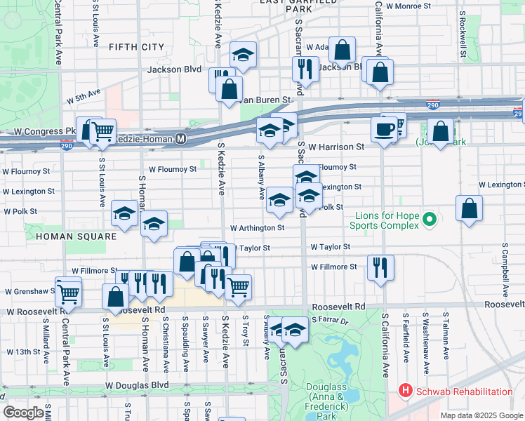 map of restaurants, bars, coffee shops, grocery stores, and more near 800 South Albany Avenue in Chicago