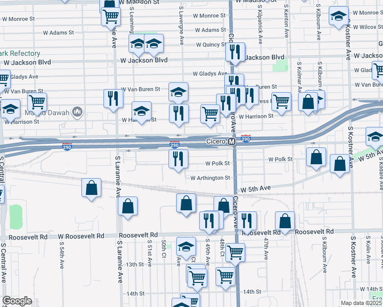 map of restaurants, bars, coffee shops, grocery stores, and more near 4939 West Lexington Street in Chicago