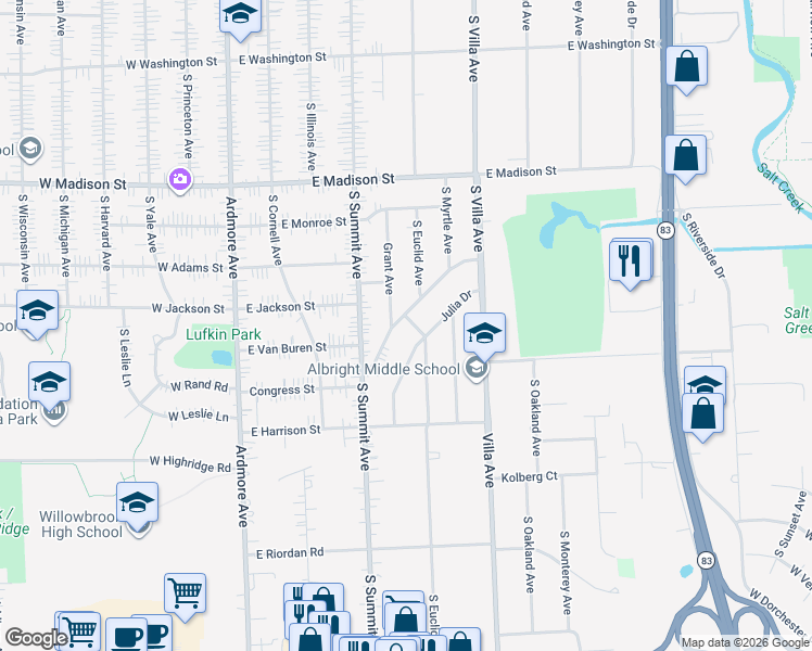 map of restaurants, bars, coffee shops, grocery stores, and more near 245 Terry Lane in Villa Park