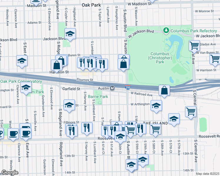 map of restaurants, bars, coffee shops, grocery stores, and more near 1050 South Austin Boulevard in Oak Park