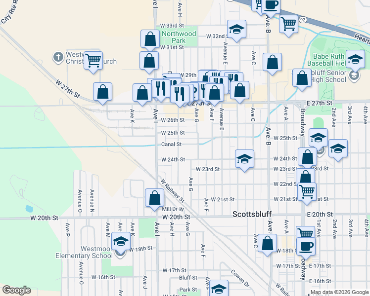 map of restaurants, bars, coffee shops, grocery stores, and more near 718 Canal St in Scottsbluff