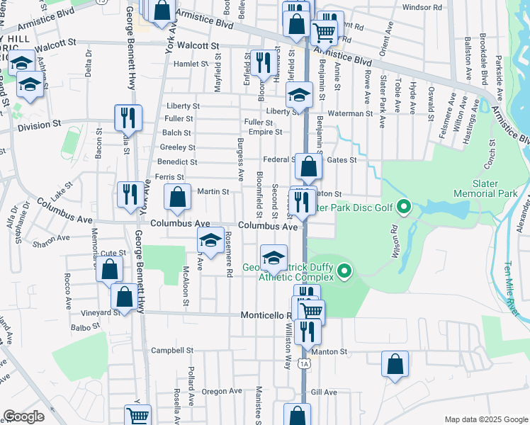 map of restaurants, bars, coffee shops, grocery stores, and more near 149 2nd Street in Pawtucket
