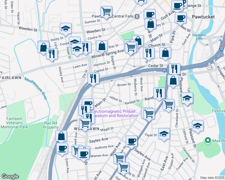 map of restaurants, bars, coffee shops, grocery stores, and more near 744 Main Street in Pawtucket