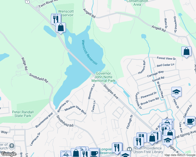map of restaurants, bars, coffee shops, grocery stores, and more near 1800 Douglas Avenue in North Providence