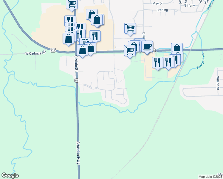 map of restaurants, bars, coffee shops, grocery stores, and more near 3251 South Adrian Highway in Adrian