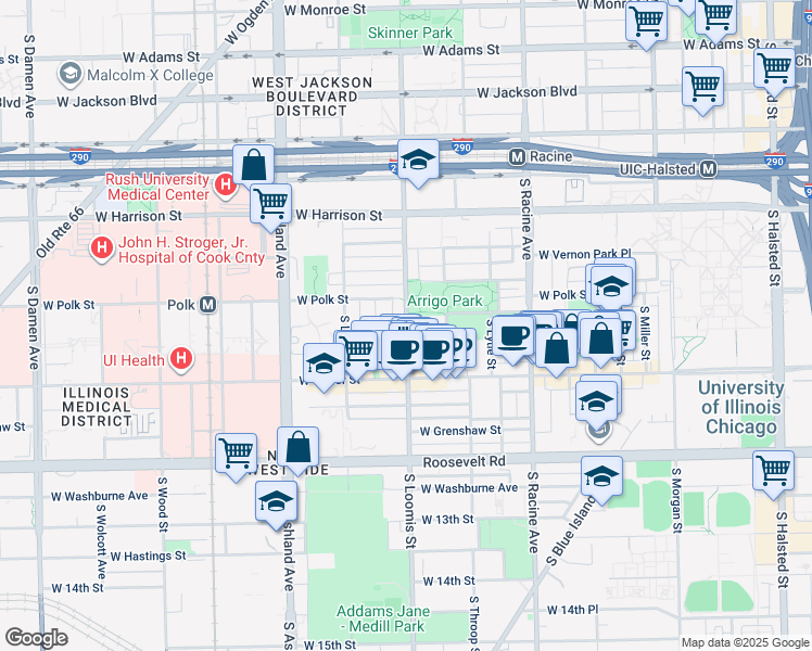 map of restaurants, bars, coffee shops, grocery stores, and more near 817 South Loomis Street in Chicago