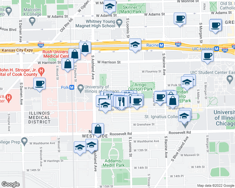 map of restaurants, bars, coffee shops, grocery stores, and more near 820 South Bishop Street in Chicago
