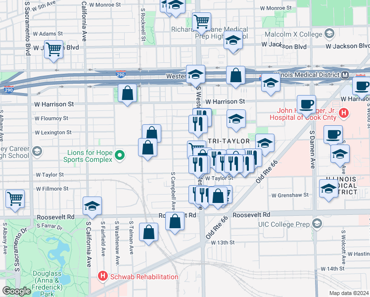 map of restaurants, bars, coffee shops, grocery stores, and more near 2419 West Polk Street in Chicago